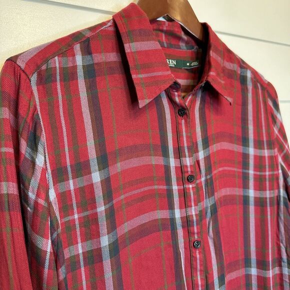 Women's Ralph Lauren Medium Tunic Button Up Top Red Plaid Viscose Flannel Shirt - Picture 4 of 11